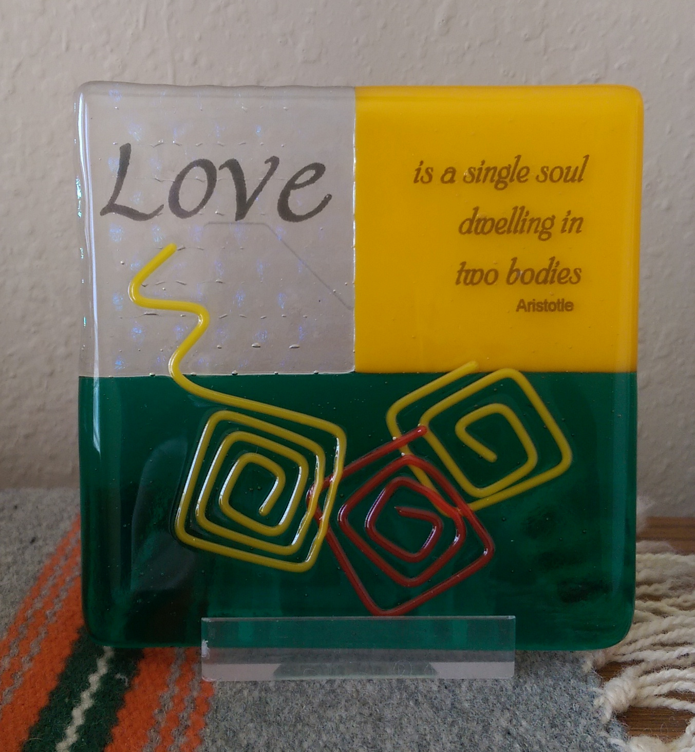 Inspirational Aristotle quote about love in fused stained glass and made in the USA