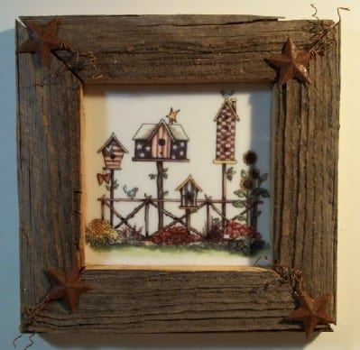 Patriotic birdhouses on stained glass made in the USA and framed in weathered wood, embellished with rusty stars