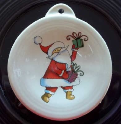 contemporary Santa fired on pottery ornament and made in the USA