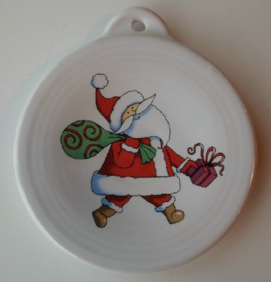 contemporary Santa fired on pottery ornament and made in the USA