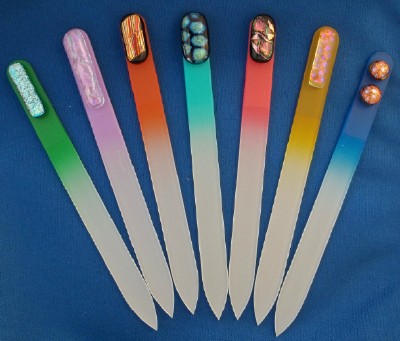 crystal glass nail files made in the Czech Republic and embellished with dichroic glass