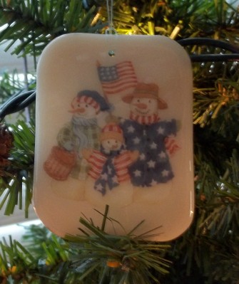 Patriotic snowmen ornament on stained glass made in the USA